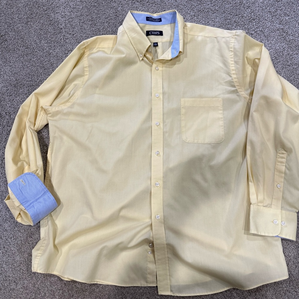 Chaps Men's Long Sleeve Shirt 17.5 34/35 Cotton Blend Yellow Classic Fit‎ Twill